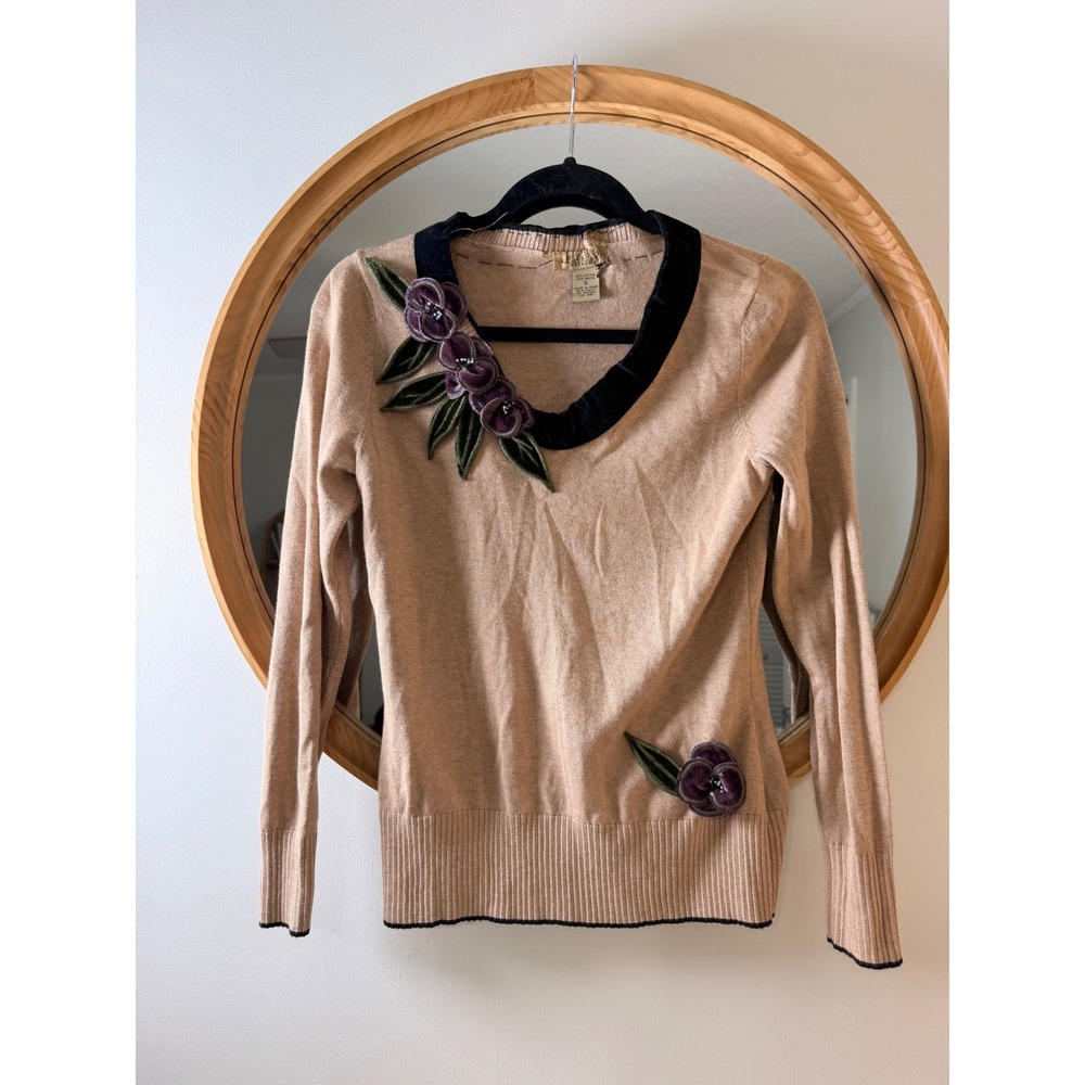 Peck & Peck Sweater Womens Small Tan Excellent Velvet Floral Applique V-Neck